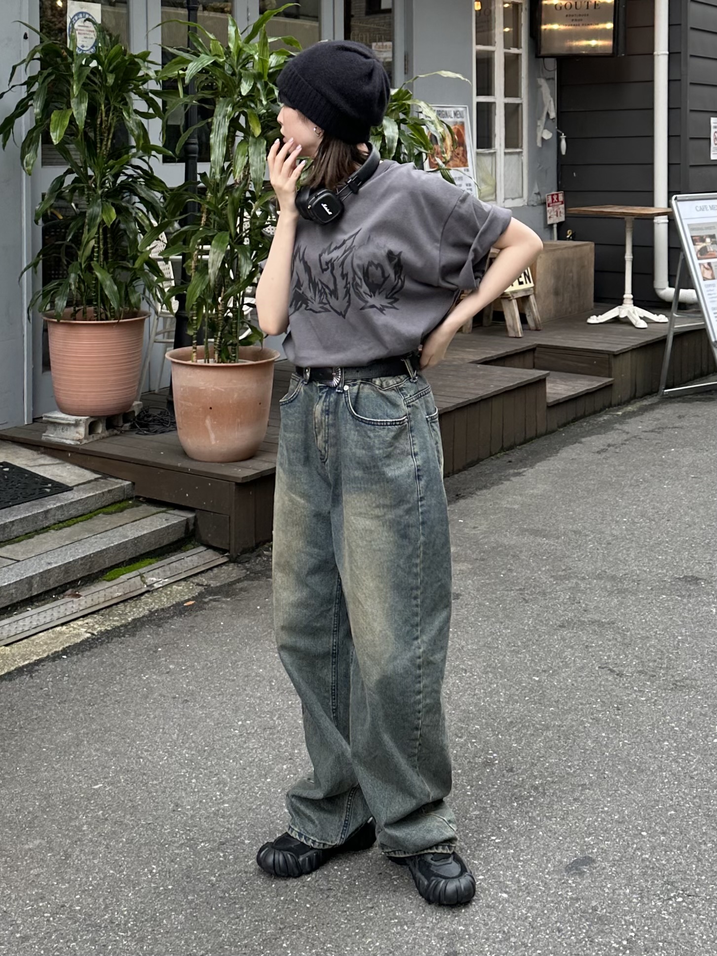 受注制【Chikashitsu +】vintage wash semi wide denim pants | OUR 