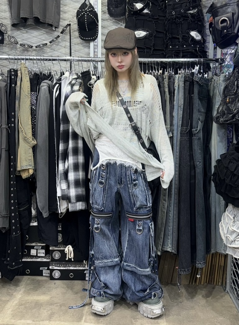平成 y2k archive tripp nycレースアップ ホワイトデニム TRIPP NYC】PYRAMID STUD STRAP PANT[AF7383M] | OUR BRAND